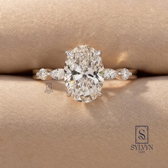 Oval Cut Lab Grown Diamond Engagement Ring in White Gold with Pear & Round Side Stones | Elegant Floral Inspired Setting, Gift For Her