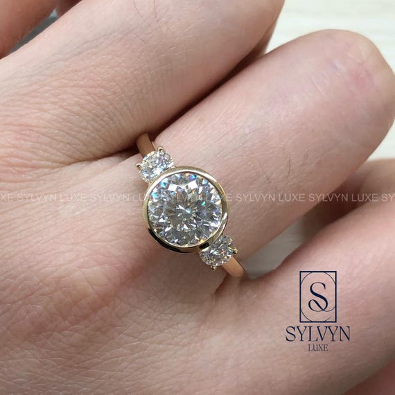 3.5 TCW Portuguese Cut Lab Grown Diamond Bezel Set Three Stone Ring, Minimalist Gold Engagement Ring Elegant Anniversary Gift