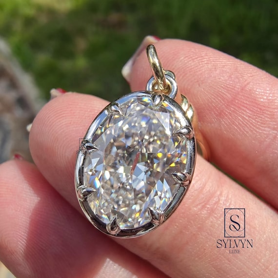 Georgian Style IGI Certified Lab Grown Oval Cut Pendant Bezel Set Old European Pendant Antique Pendant 14k Yellow Gold Diamond Pendant