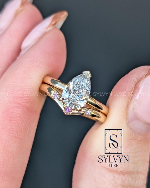 Pear Lab Grown Diamond Engagement Ring with V Shape Pink Sapphire Band, Minimalist Gold Bridal Ring Set
