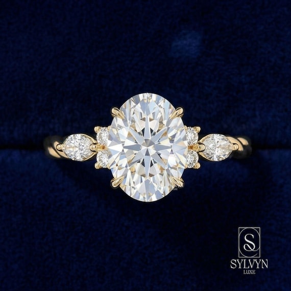 Oval Cut Lab Grown Diamond Engagement Ring with Marquise Side Stones in Yellow Gold | IGI Certified Three Stone Bridal Ring | Luxury Jewelry
