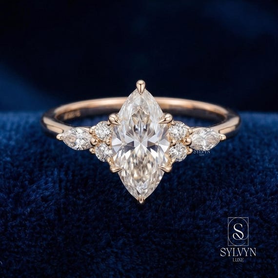 Marquise cut lab grown IGI Certified diamond engagement ring with trillion side stones, bridal ring, Gift For Her, Valentine's Day Gift