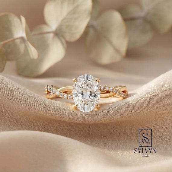 Oval Cut Lab Grown Diamond Engagement Ring in 14K Yellow Gold |Twisted Pavé Band Solitaire | Vintage Inspired Ring |Sustainable Fine Jewelry