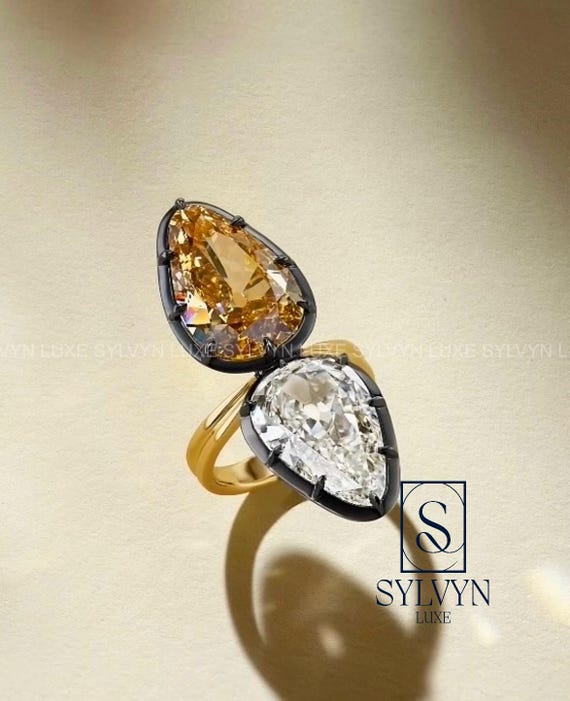 3TCW Toi Et Moi Pear Diamond Ring Lab Grown White & Yellow Diamond Engagement Ring Unique Anniversary Gift for Wife Girlfriend