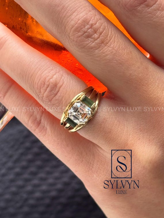 Asscher Cut Lab Grown Diamond Ring Set of 3 with Green Baguette Side Stones, Modern Gold Engagement Ring IGI Certified