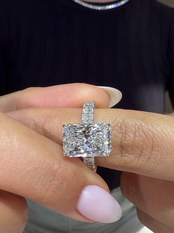 3CT Radiant Lab Grown Diamond Engagement Ring, Pavé Band, Vintage Solitaire