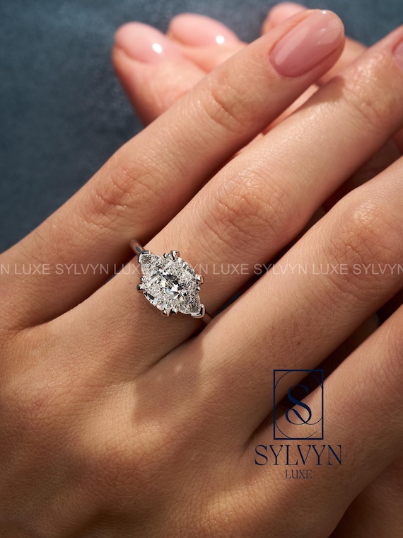 2.4 TCW Cushion Lab Grown Diamond Engagement Ring with Trillion Side Stones, Three Stone Gold Bridal Ring
