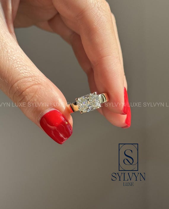 Cushion Cut Lab Grown Diamond Solitaire Ring, Yellow Gold Minimal Engagement Ring IGI Certified