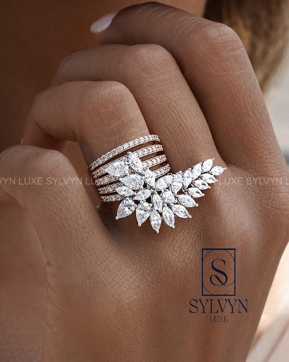 3.4Ct Marquise Cut Lab Grown Diamond Cluster Ring, Leaf Inspired Statement Ring, Pavé Diamond Gold Ring for Women IGI Certified