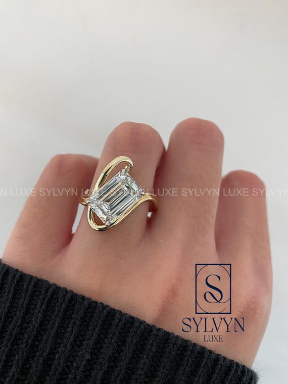 2CT Emerald Cut Lab Grown Diamond Engagement Ring, Modern Crossover Gold Ring  IGI Certified Diamond Engagement Ring, Gift For Her