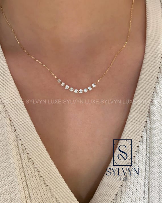 0.6CT IGI Certified Round Lab Grown Diamond Curve Bar Necklace, Minimalist Gold Station Necklace Elegant Anniversary Gift for Her