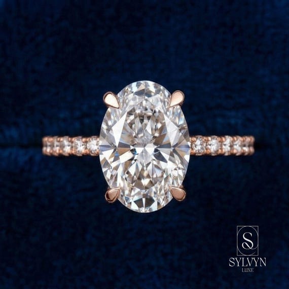 Oval Cut Lab Grown Hidden Halo, IGI Certified Diamond Engagement Ring, Pavé Band Solitaire Ring, Gift For Her, Valentine's Day Gift