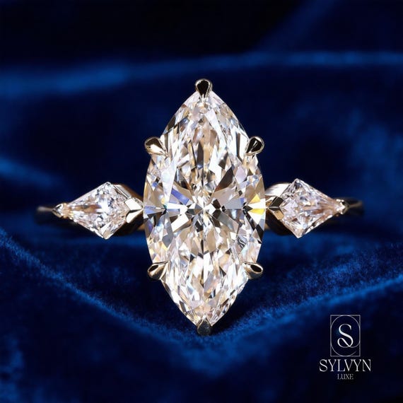 Marquise cut lab grown IGI Certified diamond engagement ring with trillion side stones, bridal ring, Gift For Her, Valentine's Day Gift