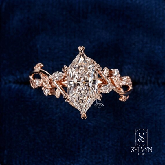 Marquise Cut Lab Grown Diamond Engagement Ring in Rose Gold | Vintage Floral Vine Ring with Leaf Details |Unique Nature Inspired Bridal Ring