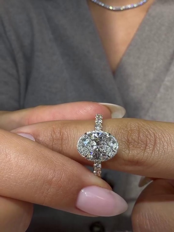 Oval Cut Lab Grown Diamond Halo Engagement Ring, Pavé Band Oval Solitaire Ring, Vintage Inspired Proposal Ring IGI Certified