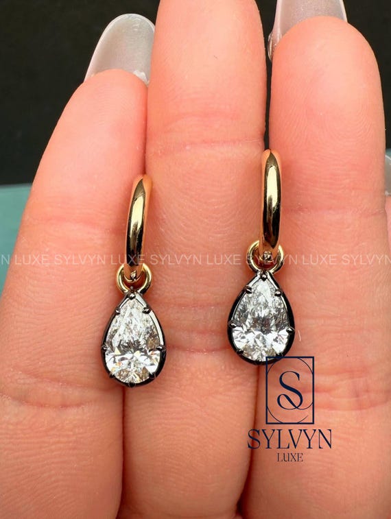 Pear Diamond Drop Earrings Lab Grown Diamond Hoop Earrings Minimal Luxury Anniversary Gift for Wife Girlfriend IGI Certified