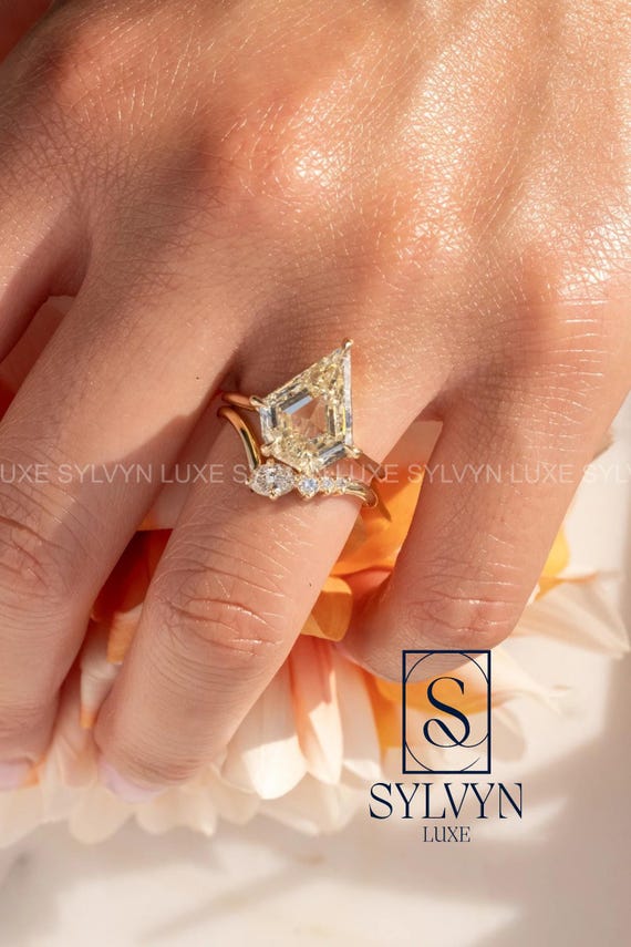Yellow Shield Cut Lab Grown  IGI Certified Diamond Engagement Ring, Unique Geometric Diamond Ring Set | Gift For Her | Valentine's Day Gift