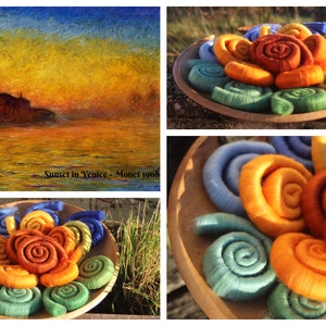 May include: A collage showing a painting of Venice at sunset and close-ups of coiled wool felt in a wooden bowl. The felt is in shades of orange, green, blue, and brown. The painting is titled 'Sunset in Venice - Monet 1908'.