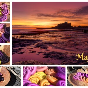 May include: A multi-panel image showcasing vibrant, coiled objects in purple, yellow, and orange hues. The background features a sunset over a beach with a castle and the word "Majestic". The objects are arranged in different ways.