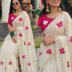 Designer chinon silk fabric saree with beautiful hand work and patch work and motti work Saree