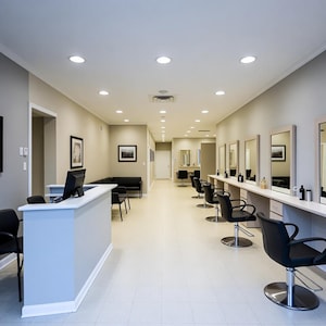 May include: A well-lit hair salon interior with a reception desk, black chairs, and large mirrors. The space has a neutral color palette with white and gray walls, and a light-colored floor. The salon is clean and organized, with a professional atmosphere.