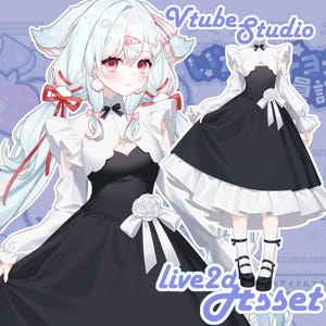 May include: An illustration of a character in a black and white dress with a white ruffled collar and sleeves. The dress features a white rose and bow. The character has long, light blue hair with red bows and pink accents. The text "Vtube Studio" and "live2d Asset" are visible.