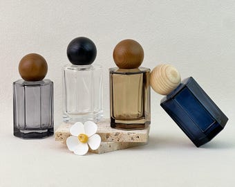 50ml nachfüllbare Parfümflasche aus Glas, leere feine Sprühflasche mit Holzverschluss, Luxus Köln Zerstäuber, Reiseduftflasche