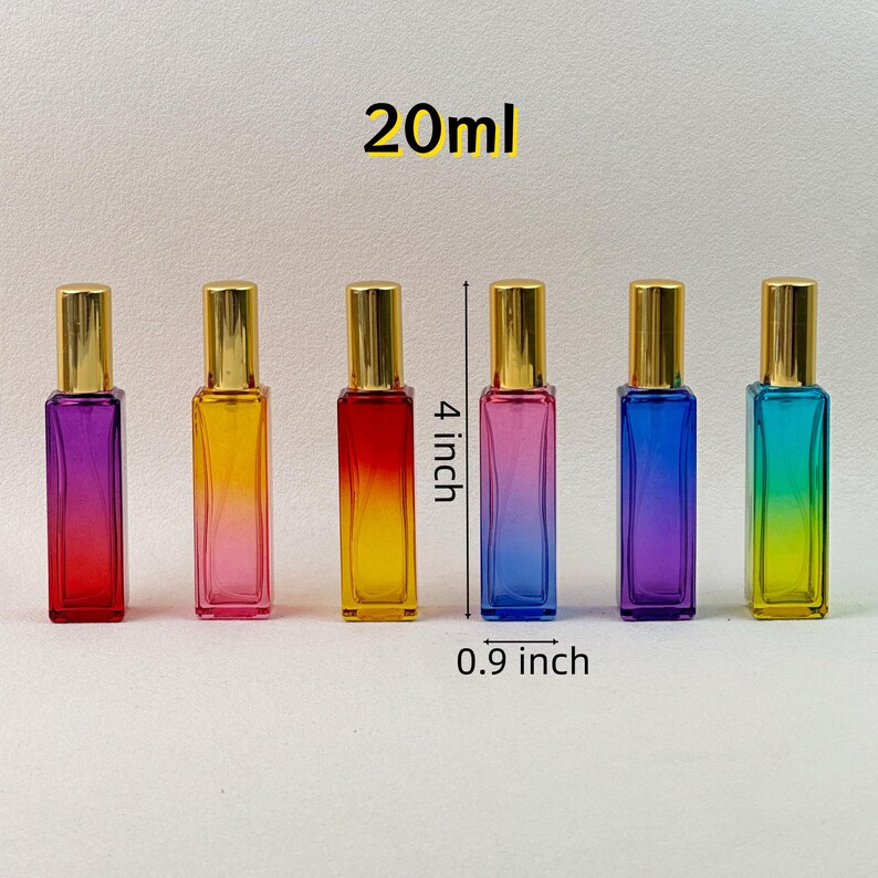 Six gradient rainbow glass perfume bottles (Purple-Red, Yellow-Pink, Red-Yellow, Pink-Blue, Blue-Purple, Teal-Yellow) lined up on neutral background with size labeled.