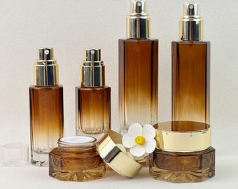 Amber Gradient Glass Cosmetic Bottle, Lotion Pump Bottle, Fine Mist Spray Bottle, Cream Jar, Refillable Skincare Packaging for Beauty Brand