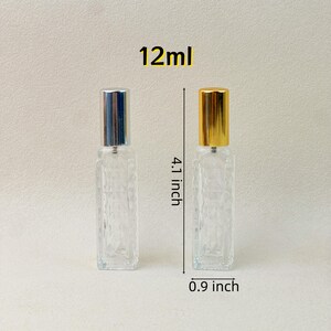 12ml clear glass perfume spray bottle with height and size measurements (4.1 inch tall, 0.9 inch wide).