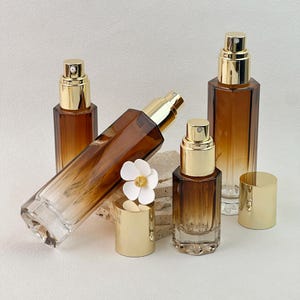 Gradient Amber Glass Lotion & Spray Bottles, Refillable Pump Bottle with Gold Cap, Luxury Skincare Packaging for Serum, Lotion, Facial Mist