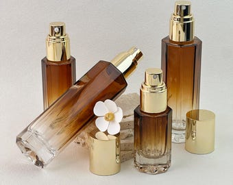 Gradient Amber Glass Lotion & Spray Bottles, Refillable Pump Bottle with Gold Cap, Luxury Skincare Packaging for Serum, Lotion, Facial Mist