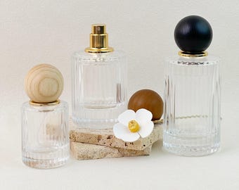 Klarglas-Parfümflasche mit Holzkugelverschluss, 30 ml 50 ml 100 ml nachfüllbare Sprühflasche, leere Duftflasche, Luxus-Parfümverpackung