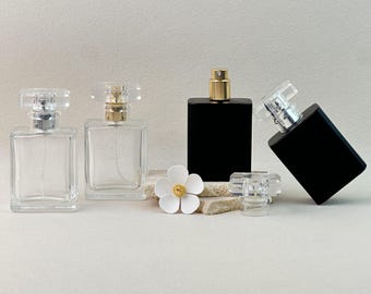 50ml Square Glass Perfume Bottle, Refillable Empty Spray Atomizer with Crystal Style Cap, Cologne Bottle with Gold/Silver Pump