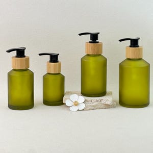 Green Glass Lotion Pump Bottle, Refillable Frosted Soap Dispenser with Bamboo Style Cap for Skincare Shampoo
