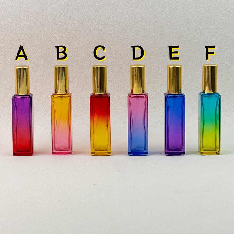 Six gradient perfume bottles labeled A-F, showing all color options clearly on a light background.