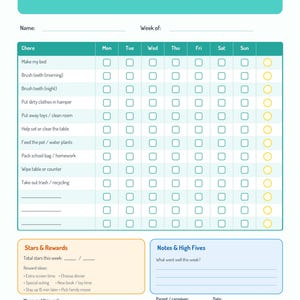 Op de afbeelding: Een blauwgroene en witte takenkaart getiteld My Chore Chart met secties voor naam, week, dagelijkse taken, sterren, beloningen en notities. Het raster bevat kolommen voor de dagen van de week en rijen voor taken met selectievakjes.
