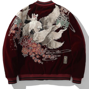 Chaqueta universitaria de satén para hombre Nine-Tailed Fox - Bordado japonés Kitsune - Chaqueta de béisbol estilo streetwear de recuerdo