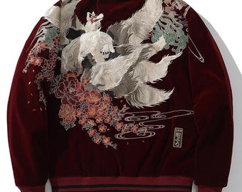 Herenjas van satijn met negenstaartvosmotief - Japanse kitsune-borduurwerk - Souvenir streetwear baseballjas