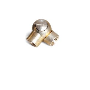 May include: A brass ball joint with three threaded openings. The ball joint has a screw head on top and is designed to connect two or more components at an angle. The metal has a slightly worn appearance.