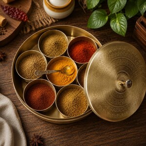 May include: A round brass spice container with a matching lid featuring an intricate engraved pattern and a central knob. The container holds seven small circular bowls filled with various colorful ground spices, including a small metal spoon.