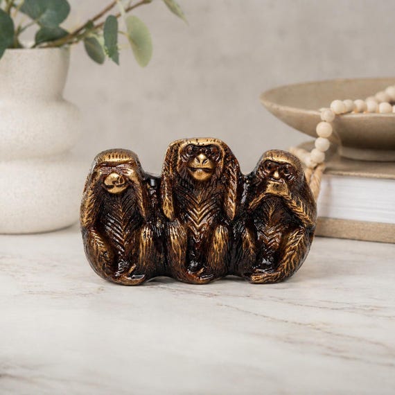 Three Wise Monkeys Brass Figurine | See Hear Speak No Evil | Antique Brass Handmade Statue | Mindfulness Gift | Home & Office Decor