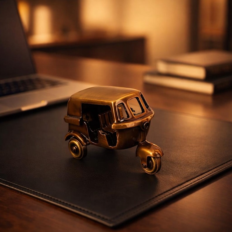 Handcrafted Brass Auto Rickshaw Miniature | Vintage Tuk Tuk Indian Showpiece, Desk Decor image 4