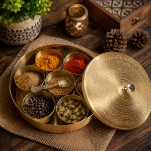 Messing masala dabba 8 inch | Indiase kruidendoos met 7 kommen en lepel | Masaladoos van gegraveerd messing | Keukenkruidenopberger | Housewarmingcadeau