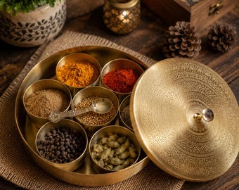 Brass Masala Dabba 8 Inch | Indian Spice Box with 7 Bowls & Spoon | Engraved Brass Masala Box | Kitchen Spice Organizer | Housewarming Gift