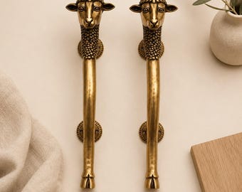 Pair of Brass Sheep Door Handles 18 Inch, Large Animal Door Pull Set, Lamb Head Front Door Handles, Antique Brass Double Door Hardware