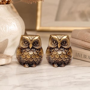 May include: Two bronze-colored owl figurines with detailed feather and eye designs. The owls are sitting side-by-side on a marble surface. The figurines have a vintage or antique aesthetic, suitable for home decor.