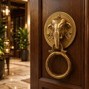 May include: A brass door knocker featuring an elephant head design. The knocker is mounted on a dark brown wooden door. The knocker has a circular handle and is approximately 6 inches in diameter.