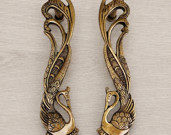 Peacock Door Handle, 11 Inch Brass Door Pull, Antique Brass Main Door Handle, Decorative Front Door Hardware, Indian Peacock Handle