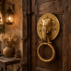 May include: A brass elephant head door knocker with a ring handle, mounted on a dark wooden door. The knocker features intricate details and a circular design. A vintage lantern hangs nearby.